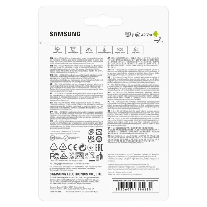 Samsung MB-MD512S Tarjeta MicroSDXC 512 GB UHS-I Clase 10 Velocidad V30 A2