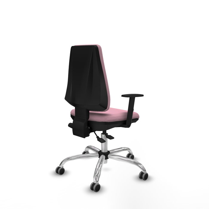 Silla de oficina Elche con mecanismo Asincro tapizada con Tela color Rosa. Equipada con Base cromada, Brazos 1D y Ruedas 65 mm parqué