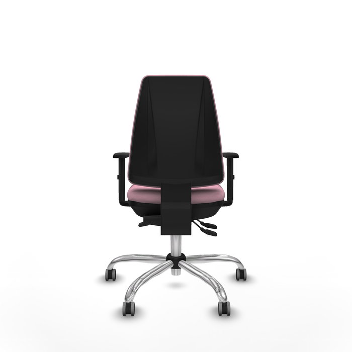 Silla de oficina Elche con mecanismo Asincro tapizada con Tela color Rosa. Equipada con Base cromada, Brazos 1D y Ruedas 65 mm parqué