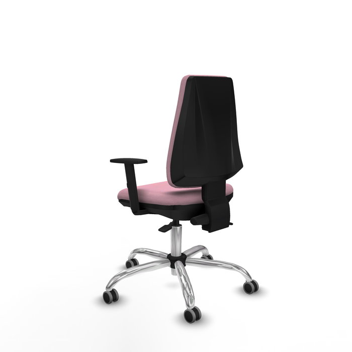 Silla de oficina Elche con mecanismo Asincro tapizada con Tela color Rosa. Equipada con Base cromada, Brazos 1D y Ruedas 65 mm parqué