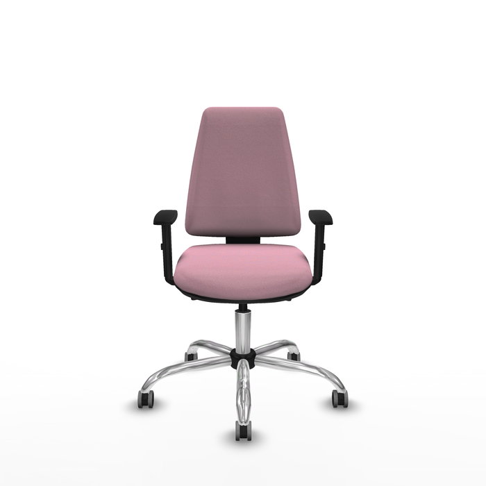 Silla de oficina Elche con mecanismo Asincro tapizada con Tela color Rosa. Equipada con Base cromada, Brazos 1D y Ruedas 65 mm parqué