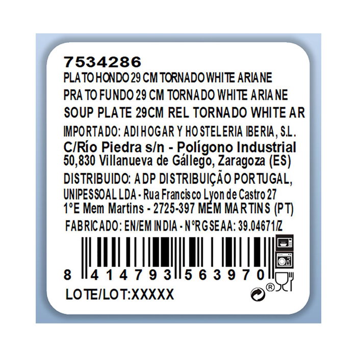 Plato Hondo Porcelana Tornado White Ariane 29 cm