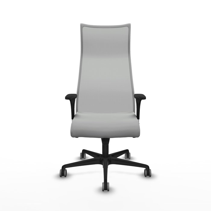 Sillón Albacete con mecanismo Sincro tapizada con Similpiel color Gris claro y malla color Gris. Equipado con Base nailon negra, Brazos 1D y Ruedas 65 mm parqué