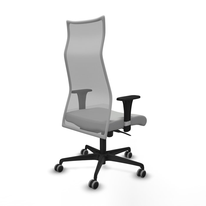 Sillón Albacete con mecanismo Sincro tapizada con Similpiel color Gris claro y malla color Gris. Equipado con Base nailon negra, Brazos 1D y Ruedas 65 mm parqué