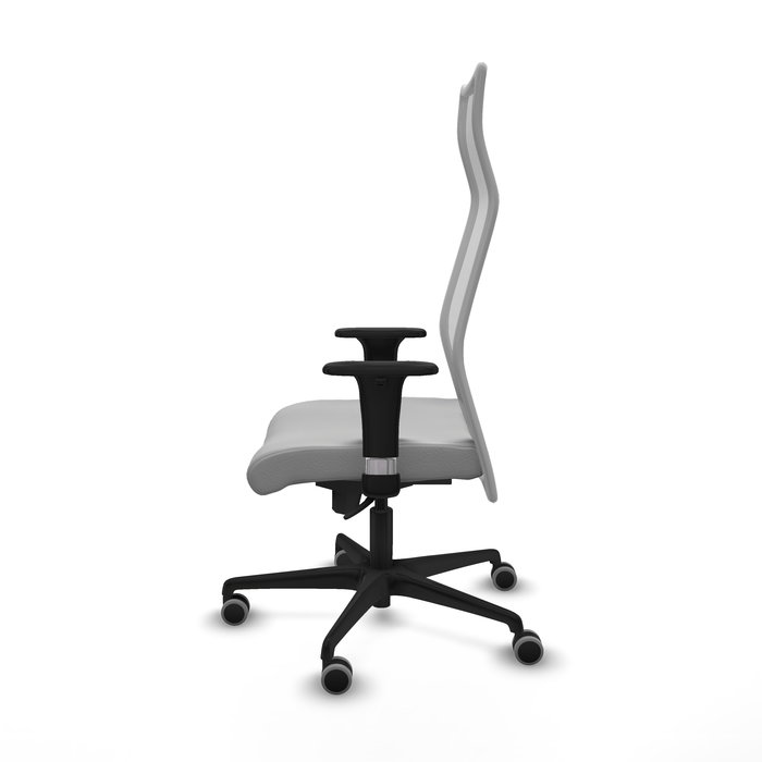 Sillón Albacete con mecanismo Sincro tapizada con Similpiel color Gris claro y malla color Gris. Equipado con Base nailon negra, Brazos 1D y Ruedas 65 mm parqué