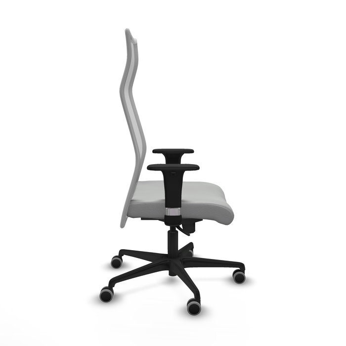 Sillón Albacete con mecanismo Sincro tapizada con Similpiel color Gris claro y malla color Gris. Equipado con Base nailon negra, Brazos 1D y Ruedas 65 mm parqué