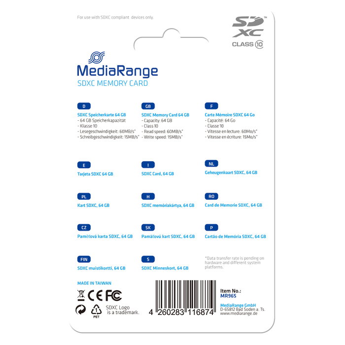 MediaRange MR965 Tarjeta SDXC 64 GB Clase 10 Azul MediaRange MR965 Tarjeta SDXC 64 GB Clase 10 Azul