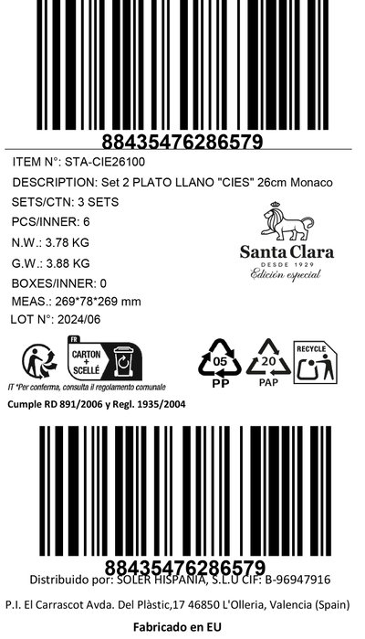 Santa Clara Set 2 Plato Llano Cies Monaco 26cm