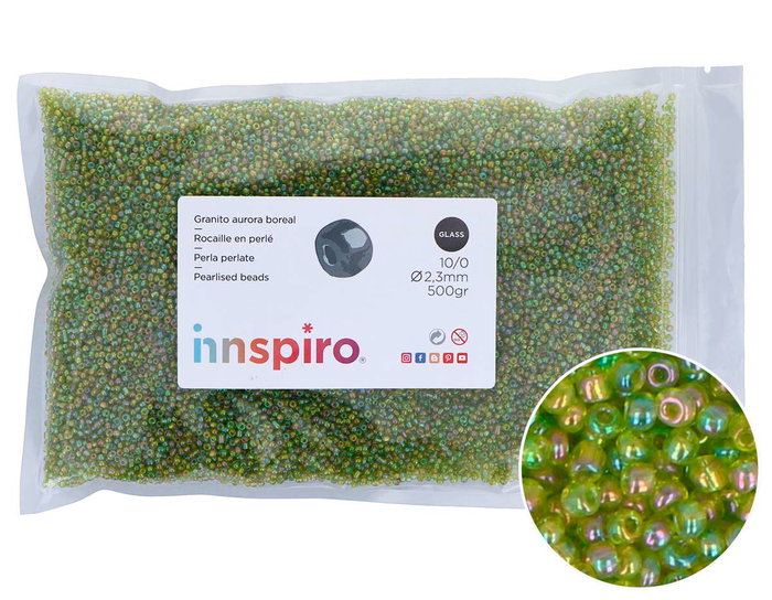 Innspiro Rocalla de Vidrio Redonda Aurora Boreale Verde Aguacate 2,3mm 500g Innspiro Rocalla de Vidrio Redonda Aurora Boreale Verde Aguacate 2,3mm 500g