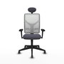 Silla de oficina Motilla con mecanismo Sincro tapizada con Tela color Gris oscuro y malla color Blanco. Equipada con lumbar 1D, Brazos 3D, Cabecero Fijo y Ruedas 65 mm parqué