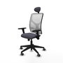 Silla de oficina Motilla con mecanismo Sincro tapizada con Tela color Gris oscuro y malla color Blanco. Equipada con lumbar 1D, Brazos 3D, Cabecero Fijo y Ruedas 65 mm parqué