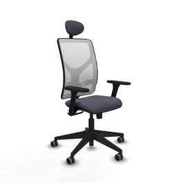 Silla de oficina Motilla con mecanismo Sincro tapizada con Tela color Gris oscuro y malla color Blanco. Equipada con lumbar 1D, Brazos 3D, Cabecero Fijo y Ruedas 65 mm parqué