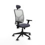 Silla de oficina Motilla con mecanismo Sincro tapizada con Tela color Gris oscuro y malla color Blanco. Equipada con lumbar 1D, Brazos 3D, Cabecero Fijo y Ruedas 65 mm parqué