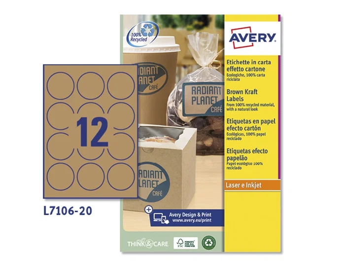 Avery Etiquetas Adhesivas Redondas Kraft Efecto Cartón 60 mm Removible para Láser Ink-jet Caja 300 uds