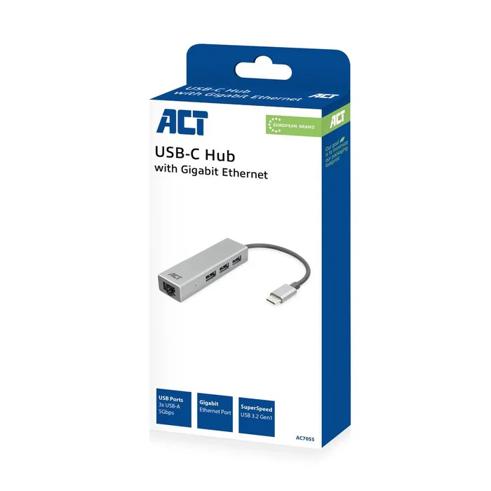 ACT AC7055 Hub USB-C con 3 puertos USB 3.2 Gen 1 y puerto Ethernet Gigabit Gris