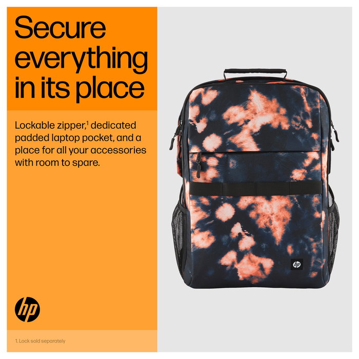 HP Mochila Campus XL Tie Dye para Portátil de 16.1 Pulgadas, Negra y Naranja, Resistente al Agua
