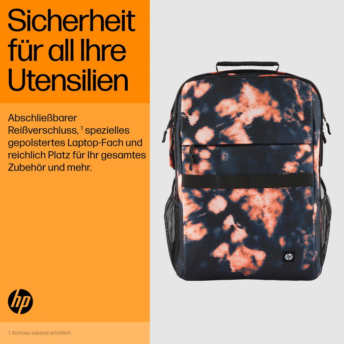 HP Mochila Campus XL Tie Dye para Portátil de 16.1 Pulgadas, Negra y Naranja, Resistente al Agua