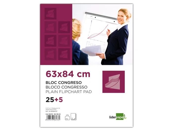 Liderpapel Bloc Congreso para Pizarra - 25+5 Hojas - Papel Liso 80 g/m² - 630 x 840 mm (63x84 cm)