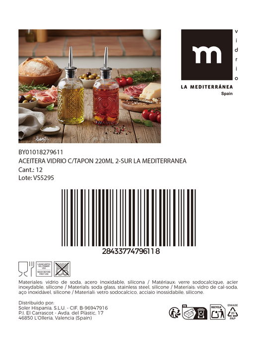 Inde Aceitera Vidrio con Tapón 220 ml 6.3x6.3x18 cm (24 Unidades)