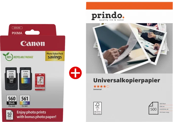 Canon PG-560+CL-561 MCVP con papel Prindo Universal de 500 hojas Canon PG-560+CL-561 MCVP con papel Prindo Universal de 500 hojas