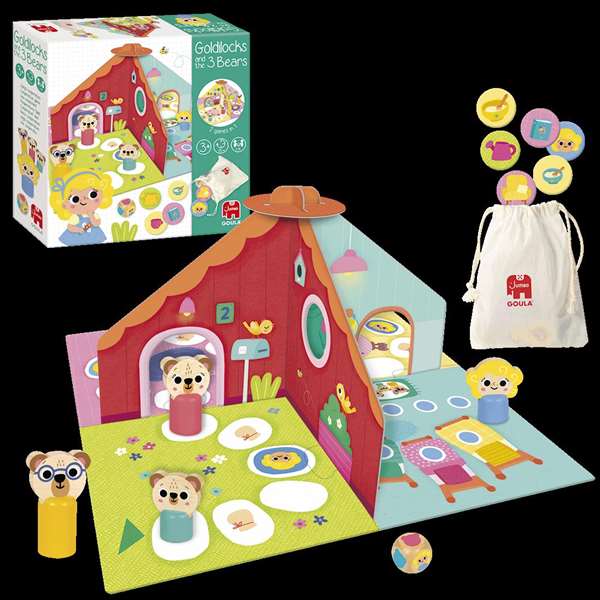 Goula Juego Ricitos de Oro y los Tres Osos - Tablero Reversible con 2 Modelos de Juego, Incluye Casa 3D y Fichas - Multilingüe (ES, EN, FR, DE, IT, PT)