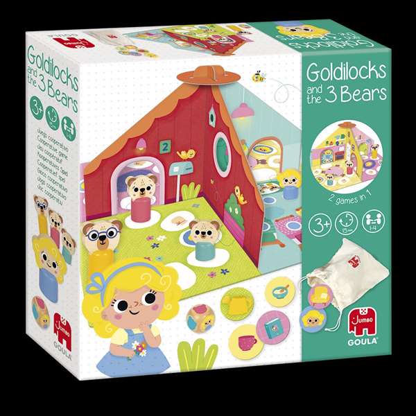 Goula Juego Ricitos de Oro y los Tres Osos - Tablero Reversible con 2 Modelos de Juego, Incluye Casa 3D y Fichas - Multilingüe (ES, EN, FR, DE, IT, PT)