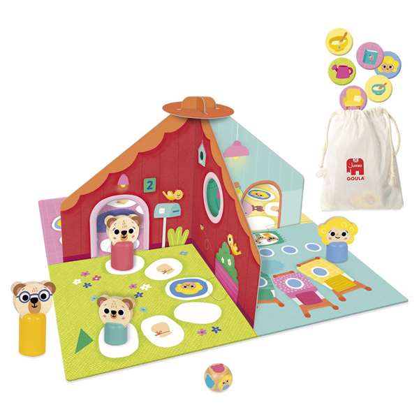 Goula Juego Ricitos de Oro y los Tres Osos - Tablero Reversible con 2 Modelos de Juego, Incluye Casa 3D y Fichas - Multilingüe (ES, EN, FR, DE, IT, PT)