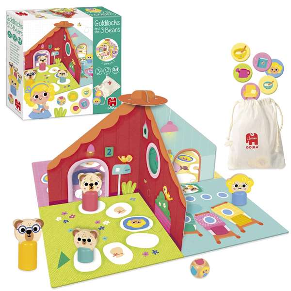 Goula Juego Ricitos de Oro y los Tres Osos - Tablero Reversible con 2 Modelos de Juego, Incluye Casa 3D y Fichas - Multilingüe (ES, EN, FR, DE, IT, PT)