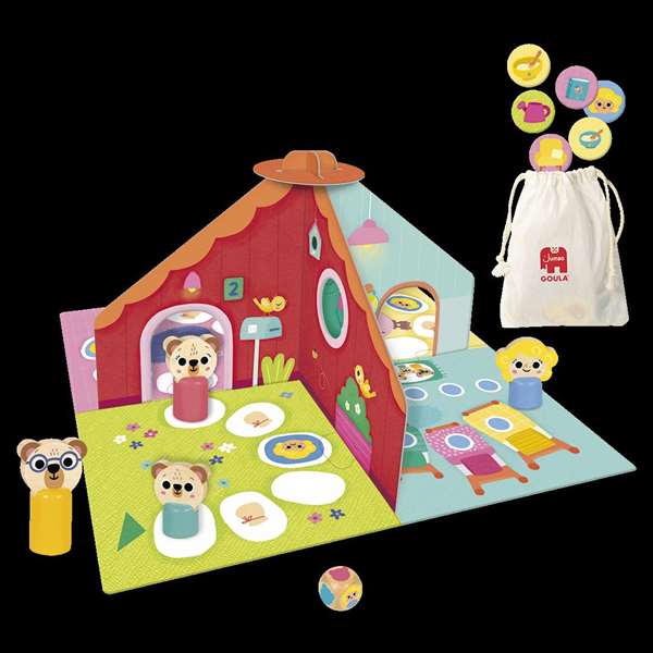 Goula Juego Ricitos de Oro y los Tres Osos - Tablero Reversible con 2 Modelos de Juego, Incluye Casa 3D y Fichas - Multilingüe (ES, EN, FR, DE, IT, PT)