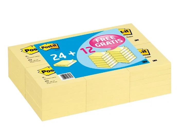 Post-it Bloc de Notas Adhesivas Quita y Pon 76x76 mm Pack Promocional 24+12 Unidades Color Amarillo