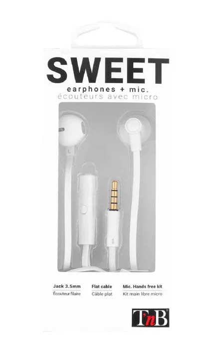 T'nB Sweet Auriculares Intraurales Alámbricos con Micrófono para Llamadas y Música, Conector Jack 3.5 mm, Blanco, 14 g