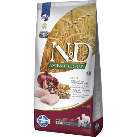 Farmina N&D Dog Ancestral Grain Light Pollo, Espelta, Avena y Granada Adult Medium Maxi 12kg