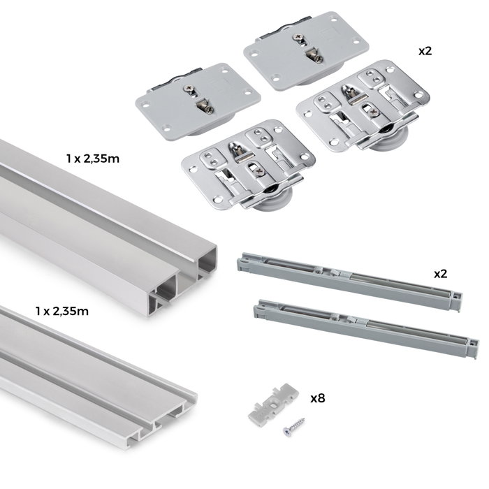 Emuca Kit de herrajes para armario 2 puertas correderas y cierre suave Flow con carriles de superficie 2.35m, tableros no incluidos, Anodizado mate
