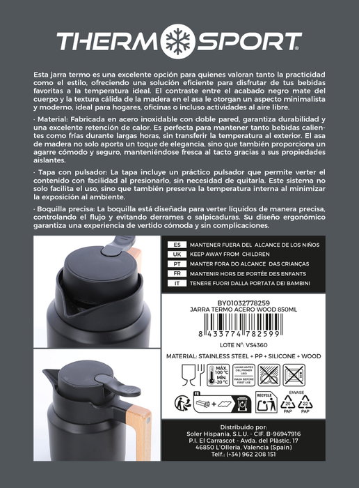Inde Jarra Termo Acero Wood 850ml (4 Unidades)