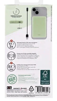 T'nB PBUMAG5GR Batería Externa 5000 mAh MagSafe Cargador Inalámbrico Rápido 20W Power Bank - Verde