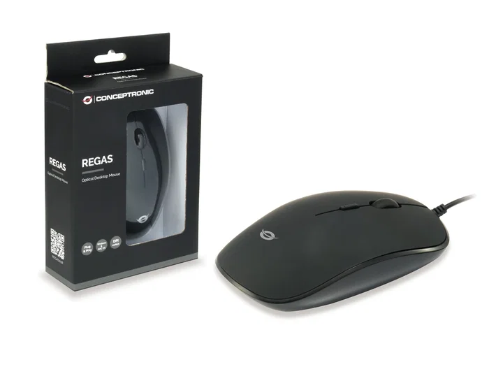 Conceptronic REGAS01B Ratón Óptico USB 1200 DPI para Oficina, Ambidextro, Color Negro, con Interruptor DPI (800/1000/1200), Plug and Play, Acabado en Goma