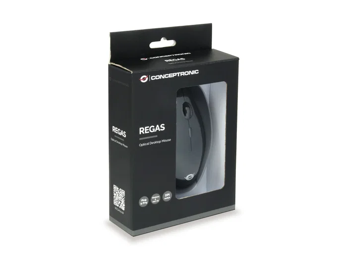 Conceptronic REGAS01B Ratón Óptico USB 1200 DPI para Oficina, Ambidextro, Color Negro, con Interruptor DPI (800/1000/1200), Plug and Play, Acabado en Goma