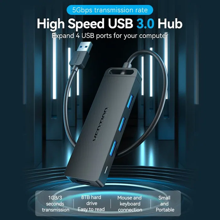 Vention CHLBD Hub USB 3.2 Gen 1 de 4 Puertos con Carga PD, 5 Gbps, Cable de 0.5m, Negro