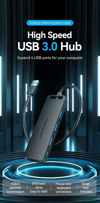 Vention CHLBD Hub USB 3.2 Gen 1 de 4 Puertos con Carga PD, 5 Gbps, Cable de 0.5m, Negro