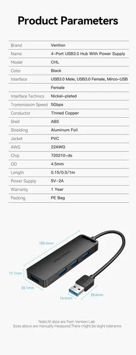 Vention CHLBD Hub USB 3.2 Gen 1 de 4 Puertos con Carga PD, 5 Gbps, Cable de 0.5m, Negro