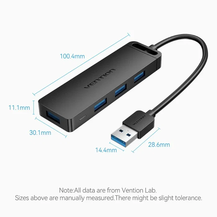 Vention CHLBD Hub USB 3.2 Gen 1 de 4 Puertos con Carga PD, 5 Gbps, Cable de 0.5m, Negro