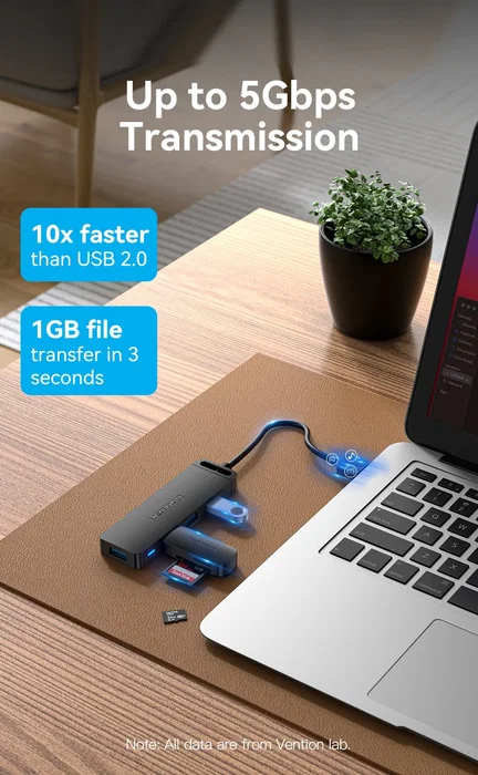 Vention CHLBD Hub USB 3.2 Gen 1 de 4 Puertos con Carga PD, 5 Gbps, Cable de 0.5m, Negro