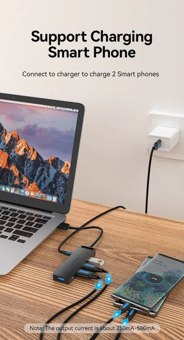Vention CHLBD Hub USB 3.2 Gen 1 de 4 Puertos con Carga PD, 5 Gbps, Cable de 0.5m, Negro