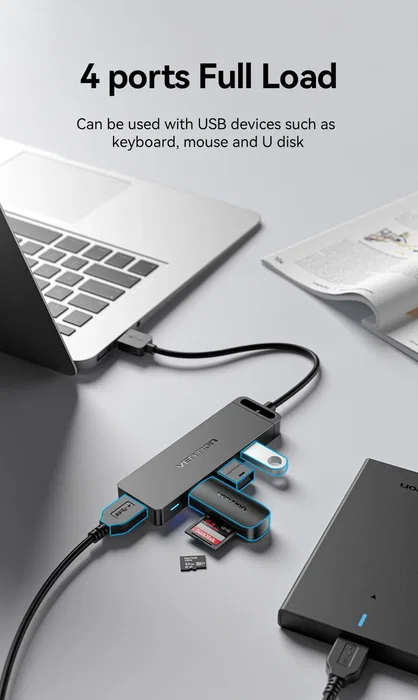 Vention CHLBD Hub USB 3.2 Gen 1 de 4 Puertos con Carga PD, 5 Gbps, Cable de 0.5m, Negro