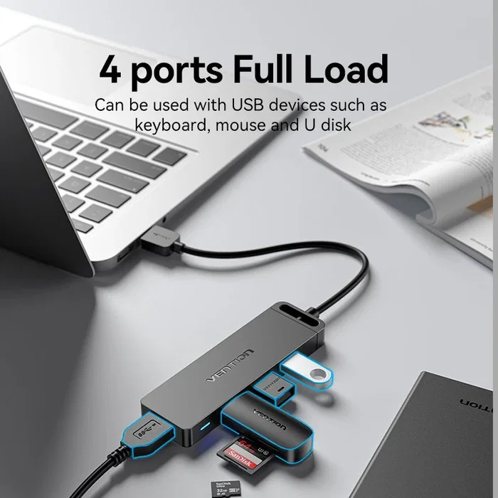 Vention CHLBD Hub USB 3.2 Gen 1 de 4 Puertos con Carga PD, 5 Gbps, Cable de 0.5m, Negro