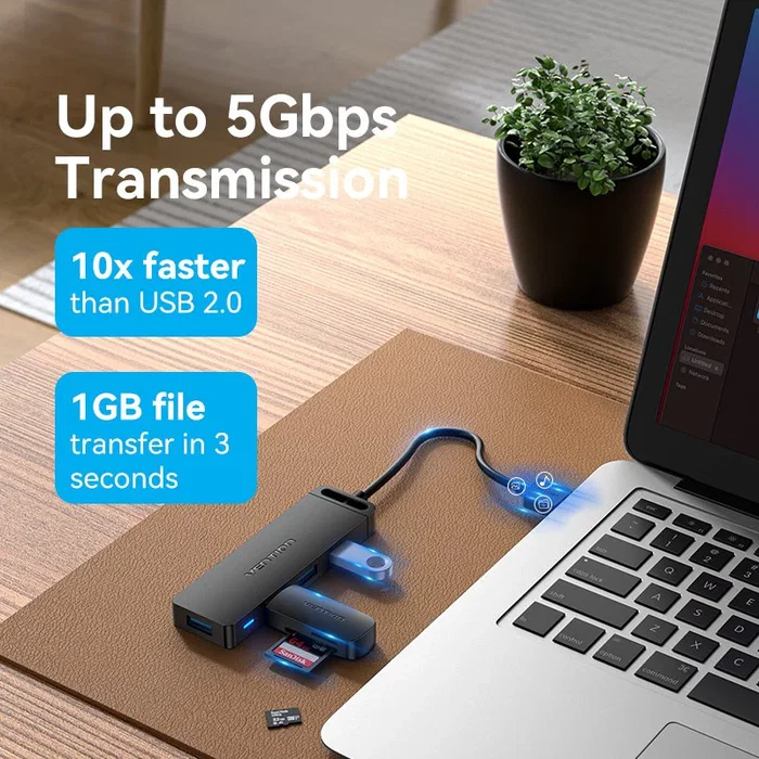 Vention CHLBD Hub USB 3.2 Gen 1 de 4 Puertos con Carga PD, 5 Gbps, Cable de 0.5m, Negro