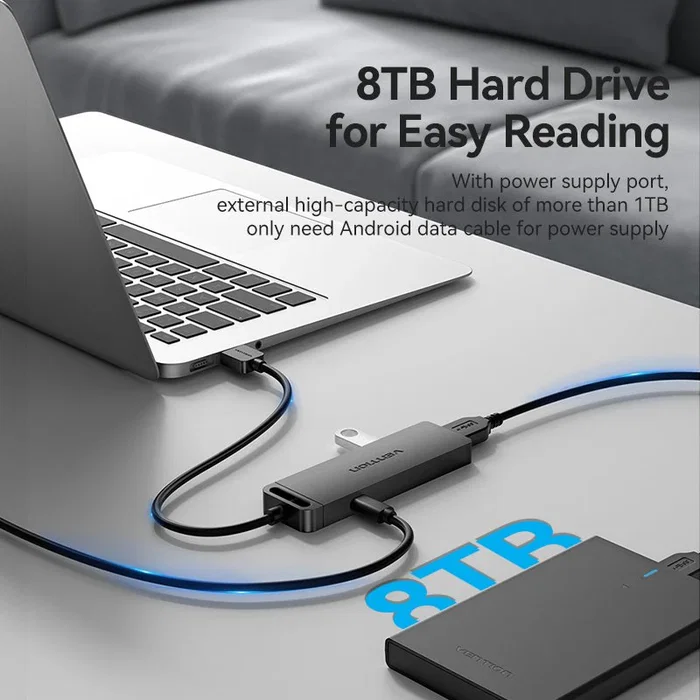 Vention CHLBD Hub USB 3.2 Gen 1 de 4 Puertos con Carga PD, 5 Gbps, Cable de 0.5m, Negro