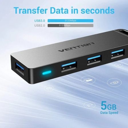 Vention CHLBD Hub USB 3.0 de 4 Puertos con MicroUSB PD, Velocidad 5 Gbps, Compacto y Portátil
