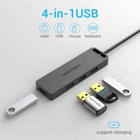 Vention CHLBD Hub USB 3.0 de 4 Puertos con MicroUSB PD, Velocidad 5 Gbps, Compacto y Portátil