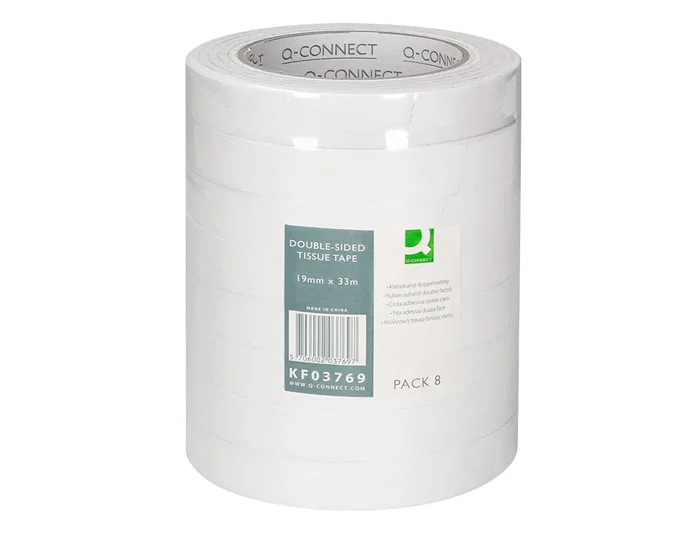 Q-connect Cinta Adhesiva de Doble Cara 33 m x 19 mm para Papel, Cartulina, Fotos y Moquetas, Ideal para Fijaciones Múltiples en Varias Superficies